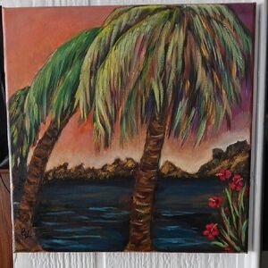 Original Oil Painting.12"x12"Tropical Sunset Canvas Art By Becki